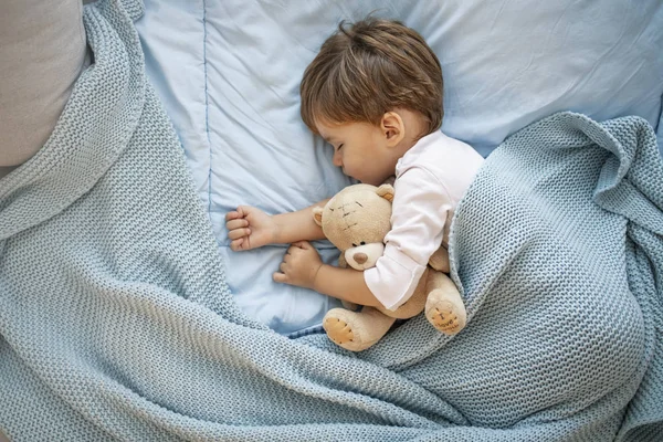 Dulce Niño Duerme Con Juguete Niño Cama Durmiendo Abrazando Oso —  Fotos de Stock