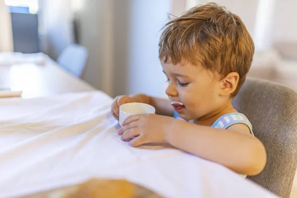 Lindo Niño Comiendo Yogur Intenta Comer Solo Concepto Nutrición Infantil —  Fotos de Stock