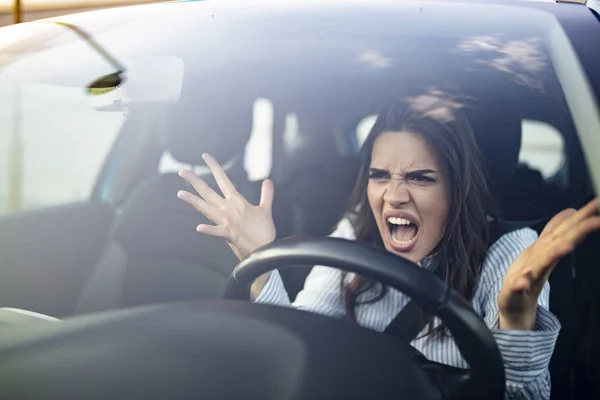 Closeup Portrait Angry Young Sitting Woman Pissed Drivers Front Her — Stock Photo, Image