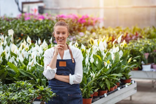 Joven Jardinero Sonriente Floristas Mujer Que Trabaja Con Flores Invernadero — Foto de Stock