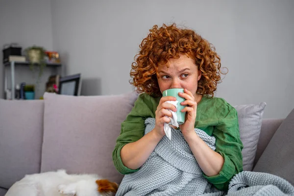 Sick Young Woman Home Sofa Cold She Covering Blanket Blowing — Stock Photo, Image