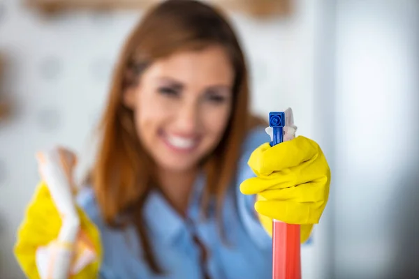 Smiling Young Housewife Doing Chores Spraying Cleaning Product Hand Bottle — Stock Photo, Image