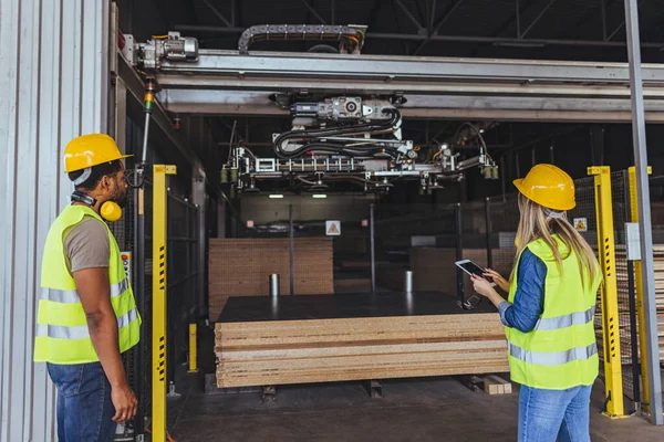 Güvenlik teçhizatı takan iki sanayi işçisi bir depodaki otomatik makine sistemini denetliyor. Kurulum sanayi operasyonları, işyeri güvenlik protokolleri ve gelişmiş üretim teknolojisinin uygulanmasını vurguluyor.