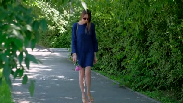 Genç bir kadın parkta yürüyor.. — Stok video