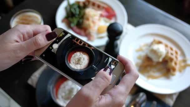 Женские руки фотографируют еду со смартфона — стоковое видео