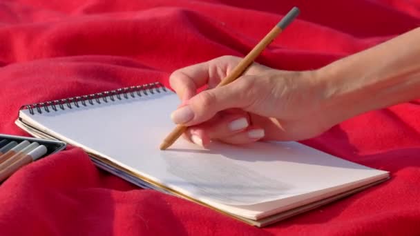 Mujer de la mano dibuja un lápiz en un cuaderno en la naturaleza — Vídeos de Stock