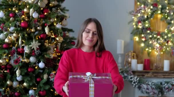 Mãos femininas dando presente. Conceito de ano novo. 2019 . — Vídeo de Stock