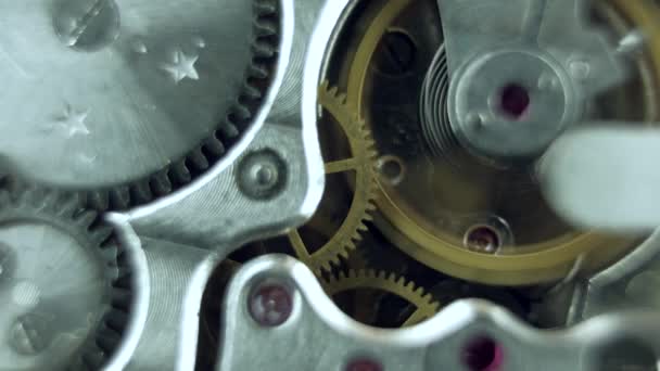 Old vintage clock mechanism working, closeup shot with soft focus. — Stock Video