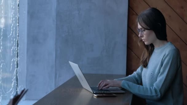 カフェでノートパソコンで働く若い女の子フリーランサー. — ストック動画
