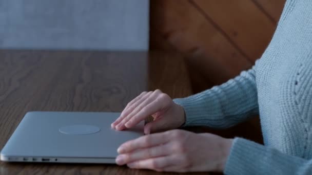 Фрилансер, работающий на ноутбуке в кафе . — стоковое видео
