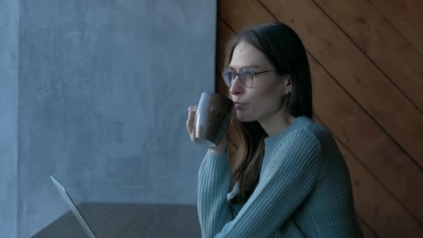 Nettes Mädchen mit Laptop im Café Blick ins Fenster, trinkt Kaffee genießen den Geschmack. — Stockvideo