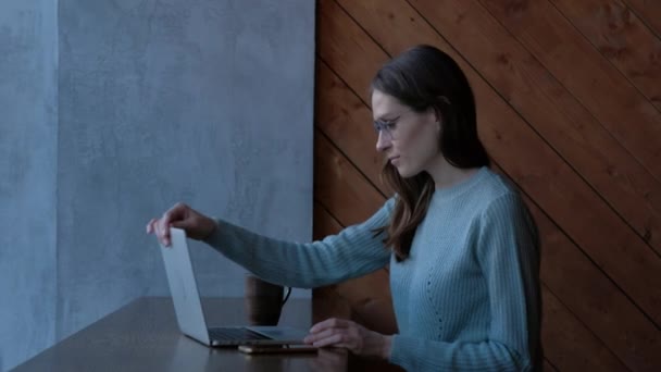 Chica joven freelancer trabajando en el ordenador portátil en la cafetería . — Vídeos de Stock