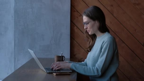 Šťastná žena na volné noze pracující v notebooku v kavárně. — Stock video