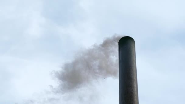Rauch quillt aus dem Schornstein am Himmel. Brennholzheizung — Stockvideo