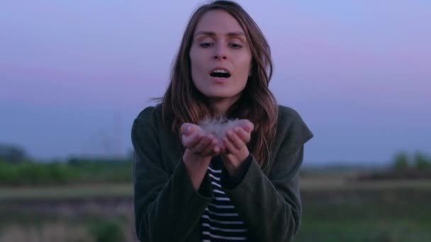 Girl blows away seeds dandelion with your hands on camera. — Stock Video