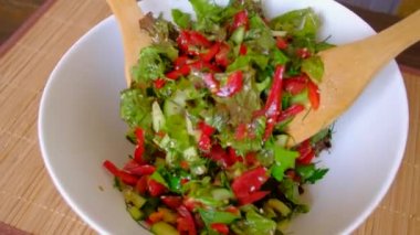 Bir tabak taze sebze salatası karıştırarak kadın.