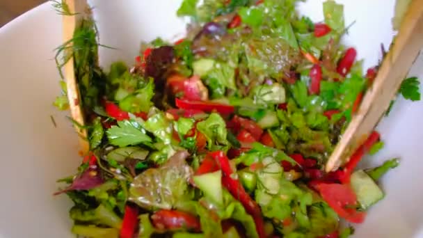 Mujer revolviendo un tazón de ensalada de verduras frescas . — Vídeo de stock