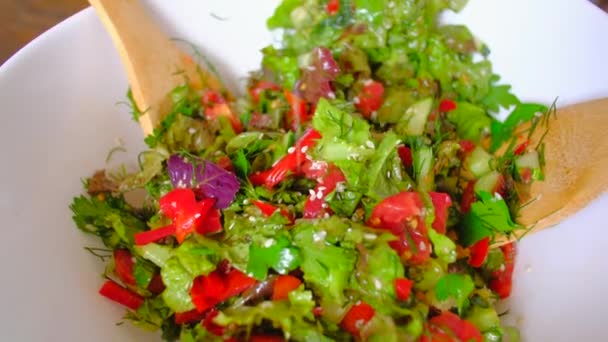 Nő, folyamatos keverés közben egy friss növényi saláta tál. — Stock videók