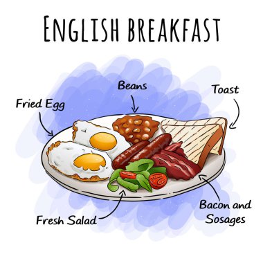 English breakfast vector illustration. Satisfying breakfast. Big breakfast with fried eggs, toasts, fresh salad, beans, bacon and sausages. Hand draw English breakfast. vector English breakfast vector illustration. Satisfying breakfast. Big breakfast with fried eggs, toasts, fresh salad, beans, bacon and sausages. Hand draw English breakfast. vector