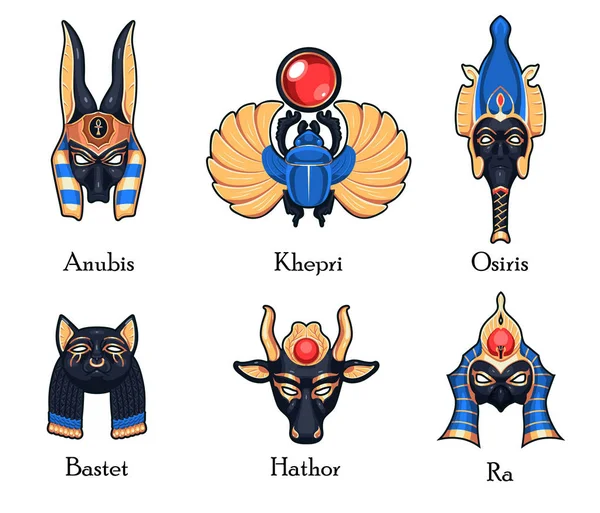 Los dioses del Antiguo Egipto entretanto enmascaran. Conjunto vectorial de dioses de Egipto . — Vector de stock