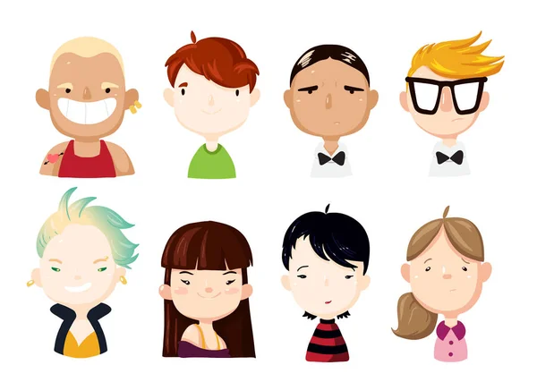 Big Collection Vector Avatars Interesting Cartoon Faces Vector Boys Girls — Stockvector