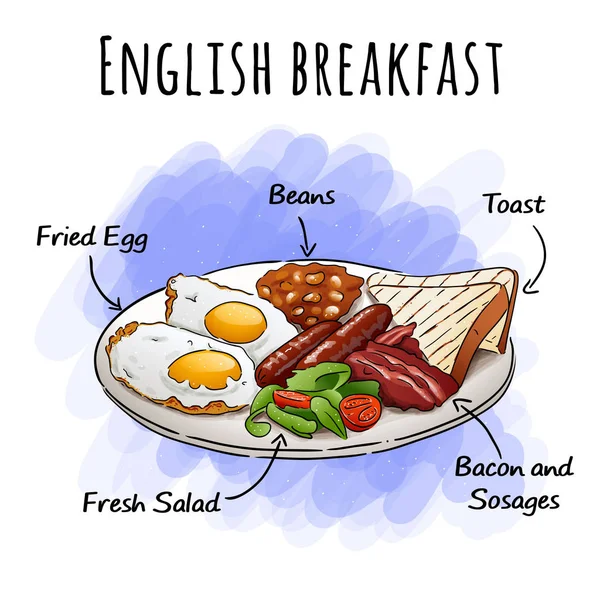 Ilustrasi vektor sarapan Inggris. Memuaskan sarapan. Sarapan besar dengan telur goreng, roti panggang, salad segar, kacang-kacangan, daging babi dan sosis. Tangan menggambar sarapan Inggris . - Stok Vektor