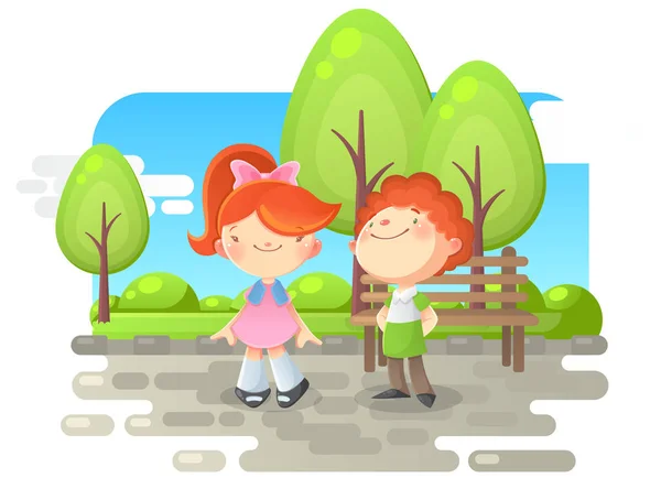 Милые дети на векторной иллюстрации парка. Хорошая иллюстрация для школьников. Мальчик и девочка в парке . — стоковый вектор