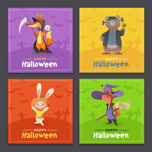 Collection Cartes Halloween Avec Des Animaux Mignons Costumes Illustration Fête — Image vectorielle