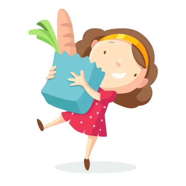 Young Cartoon Woman Holding Paper Shopping Bag Full Groceries Happy — Stockvektor