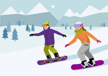 Snowboard düz vektör Illustration. Snowboard dağlarda birkaç. Kış spor ve eğlence. Genç adam ve kadın ile Snowboard tatil.  