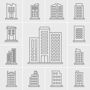 gri arka plan üzerinde ayarla siyah simgeler bina vektör.