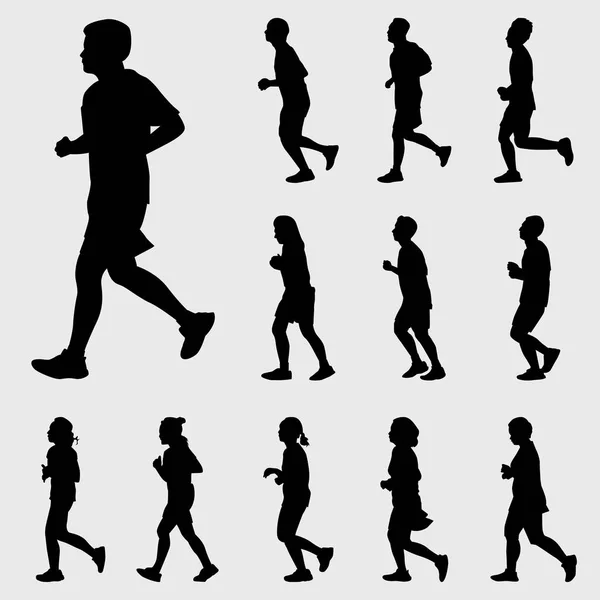 Black Running Silhouettes Vector Set Gray Background — Stock Vector
