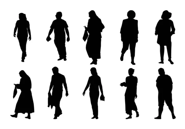 People Silhouette Walking Set Group Shadow Different Man Women Vector — Stock Vector