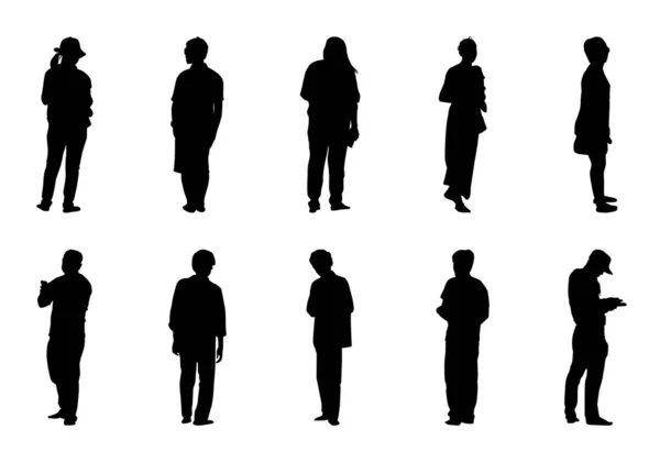 People Stand Vector Set Silhouette Man Women White Background — Stock Vector