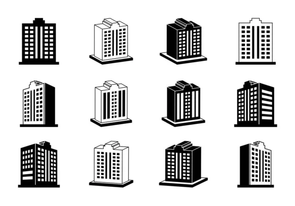 Company Icons Set Building Vector White Background Silhouette Hotel Condo — Stock Vector