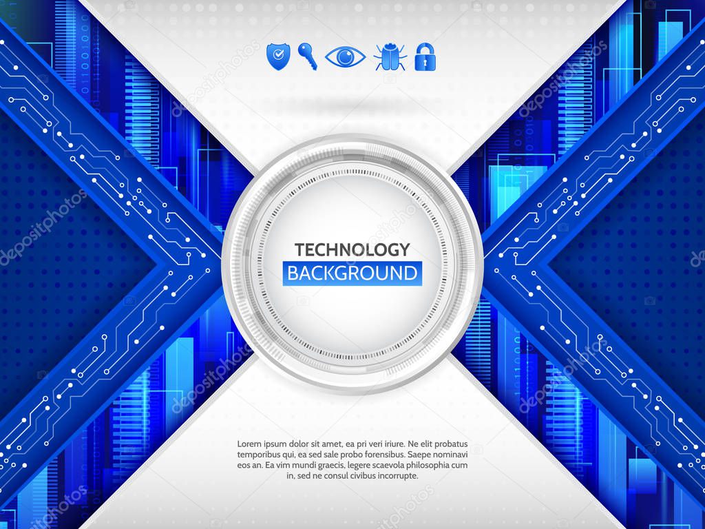Abstract technology background with various technology elements and data protection icons. Hi-tech communication concept innovation background