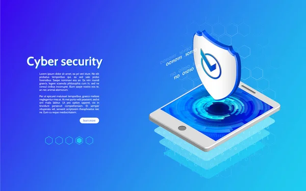 Soyut izometrik kişisel verilerin korunması. Tablet ve koruma kalkanı ile Web sitesi başlığı. 3D siber güvenlik teknoloji mekanizması kavramı.