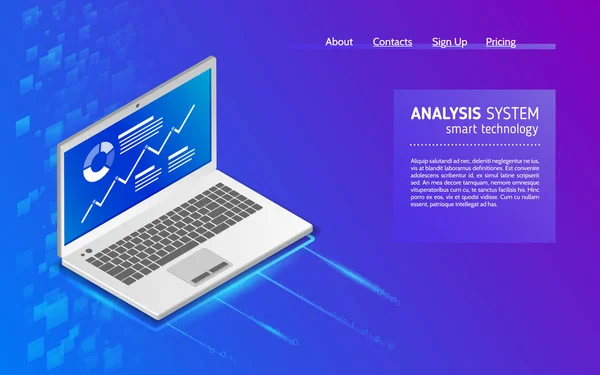 ノート パソコンについての分析 監視と統計データ処理 アナリティクス システム等角投影図を抽象化します リンク先ページのレイアウト Web バナー — ストックベクタ