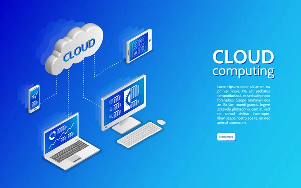 Concept Cloud Computing Illustration Réseau Avec Ordinateur Ordinateur Portable Tablette — Image vectorielle