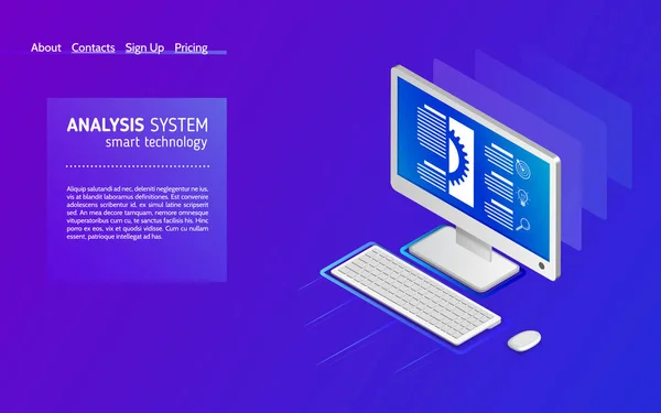 Streszczenie Analiza Ilustracji Izometryczny Systemu Analiza Informacji Komputerze Monitorowanie Statystyki — Wektor stockowy