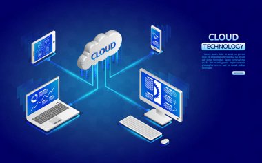 Bilgisayar, dizüstü bilgisayar, tablet ve smartphone ile ağ illüstrasyon. Bulut teknoloji bilgisayar konsepti. 3D açılış sayfa düzeni, web reklam