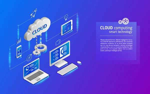 Concept Cloud Computing Illustration Réseau Avec Ordinateur Ordinateur Portable Tablette — Image vectorielle