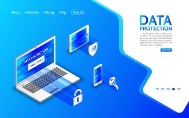 Dizüstü bilgisayar, akıllı telefon ve tablet siber suç ve veri koruma. Internet güvenlik kavramı. Gizlilik koruma virüsten koruma kesmek. 3D izometrik çizimde düz.
