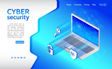 Cyber crime and data protection background with Laptop. Internet security icon key, shield, padlock. Privacy protection antivirus hack. Flat 3d isometric illustration. clipart