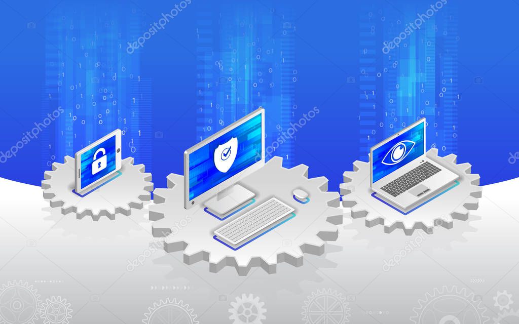 Internet security concept. Privacy protection antivirus hack. Flat 3d isometric illustration. Cyber crime and data protection with computer, laptop and tablet.