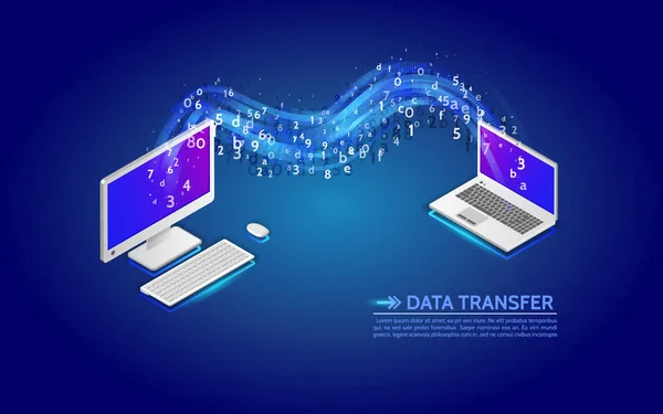 Transferencia Datos Ordenador Portátil Transmisión Digital Virtual Abstracta Concepto Comunicaciones — Archivo Imágenes Vectoriales