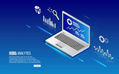 Analytics bilgi üstünde laptop. Büyük veri çözümleme araçları. İzometrik tasarım modern vektör çizim.