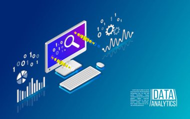 Analytics bilgi bilgisayarda. Büyük veri çözümleme araçları. İzometrik tasarım modern vektör çizim.