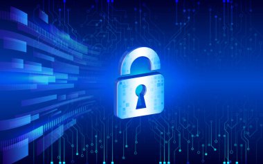 İzometrik asma kilit internet koruma için. Bilgisayar veri savunma. Küresel ağ güvenliği. Dijital iş arka plan. Devre kartı