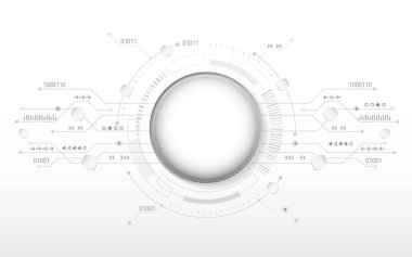 Yüksek teknoloji bilgisayar dijital teknoloji konsepti. Soyut teknoloji iletişim vektörü çizimi. Çeşitli teknolojik elementlere sahip gri arkaplan.
